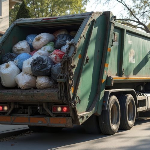 Green garbage truck is making garbage until it is full